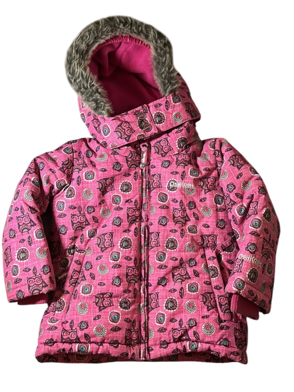 OshKosh B’gosh 24M Pink Owl Print Winter Coat Faux Fur Hood Fleece Lined